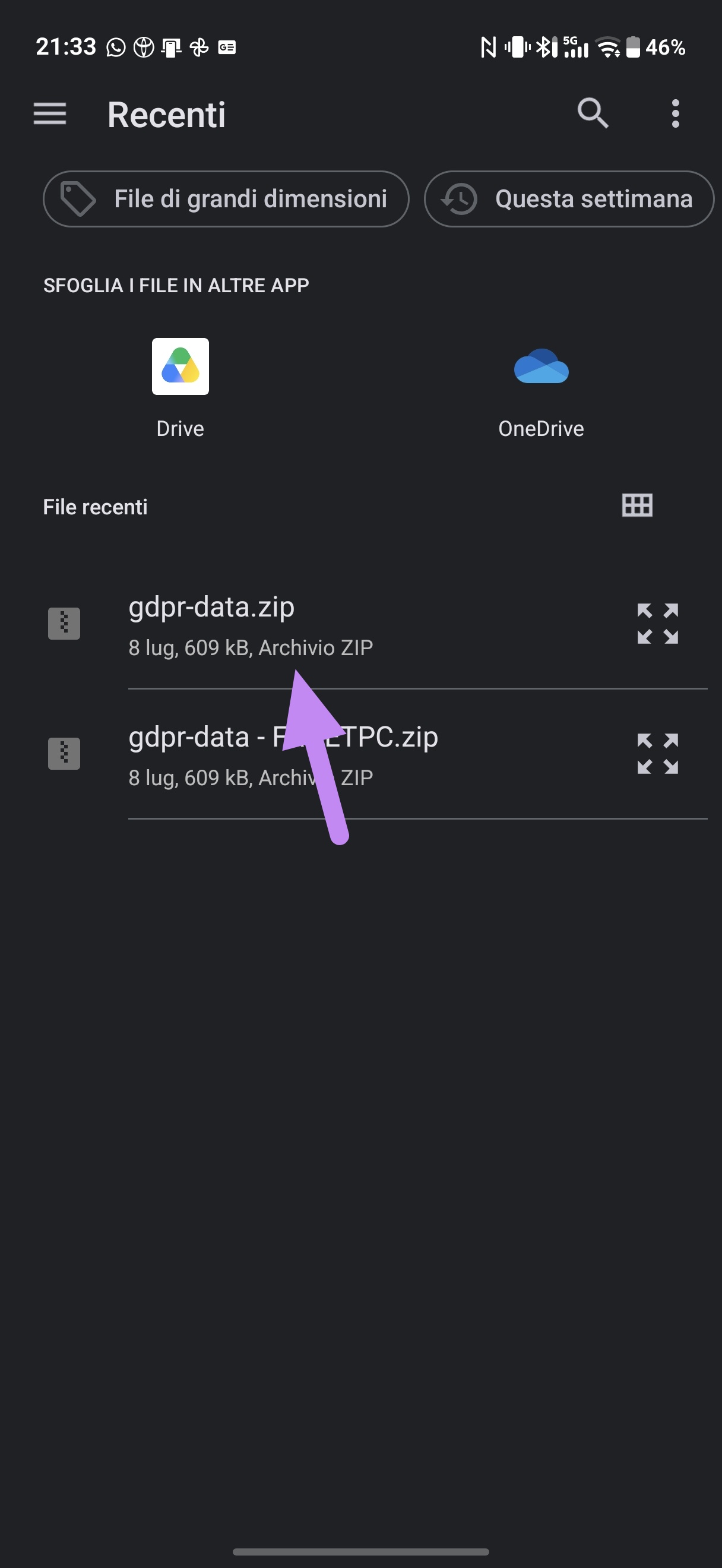 Scegli file dal telefono