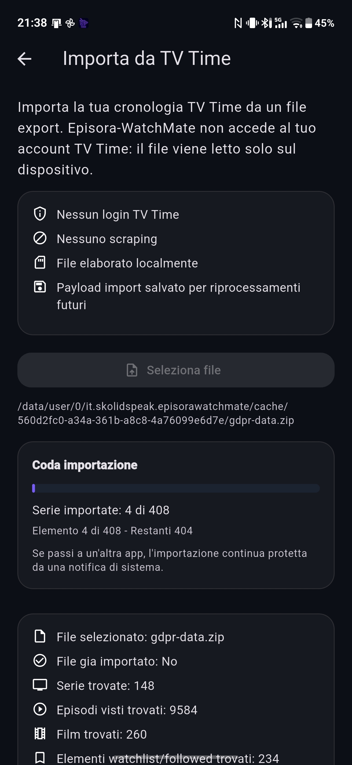 Importazione in esecuzione