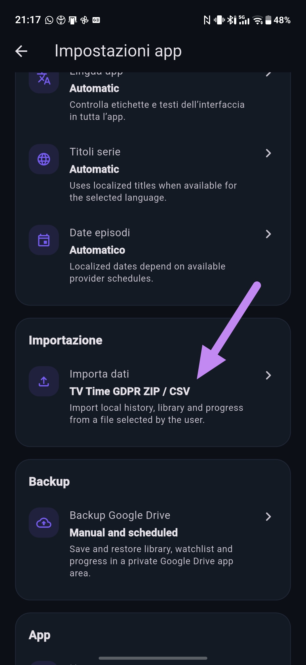 Pulsante importa dati TV time GDPR
