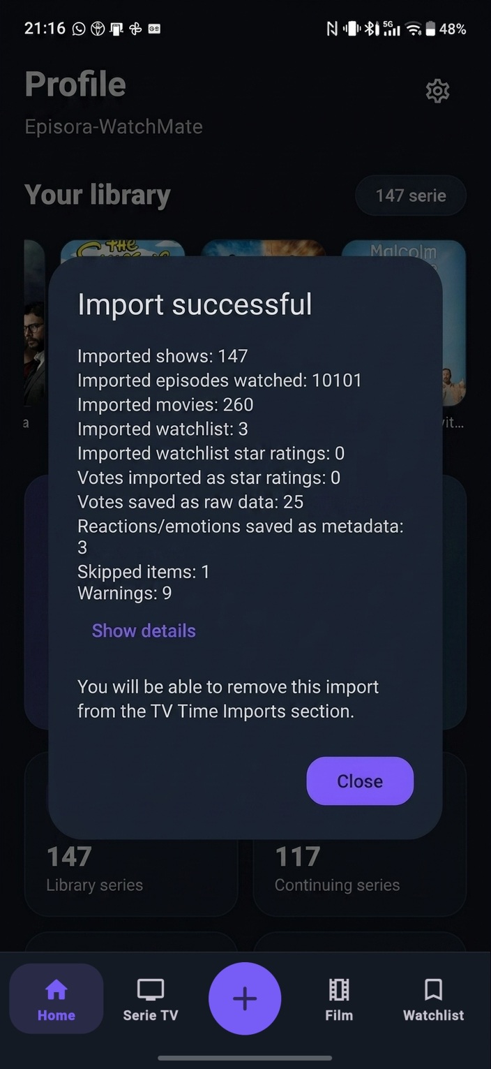 Pantalla de resumen final con los datos importados