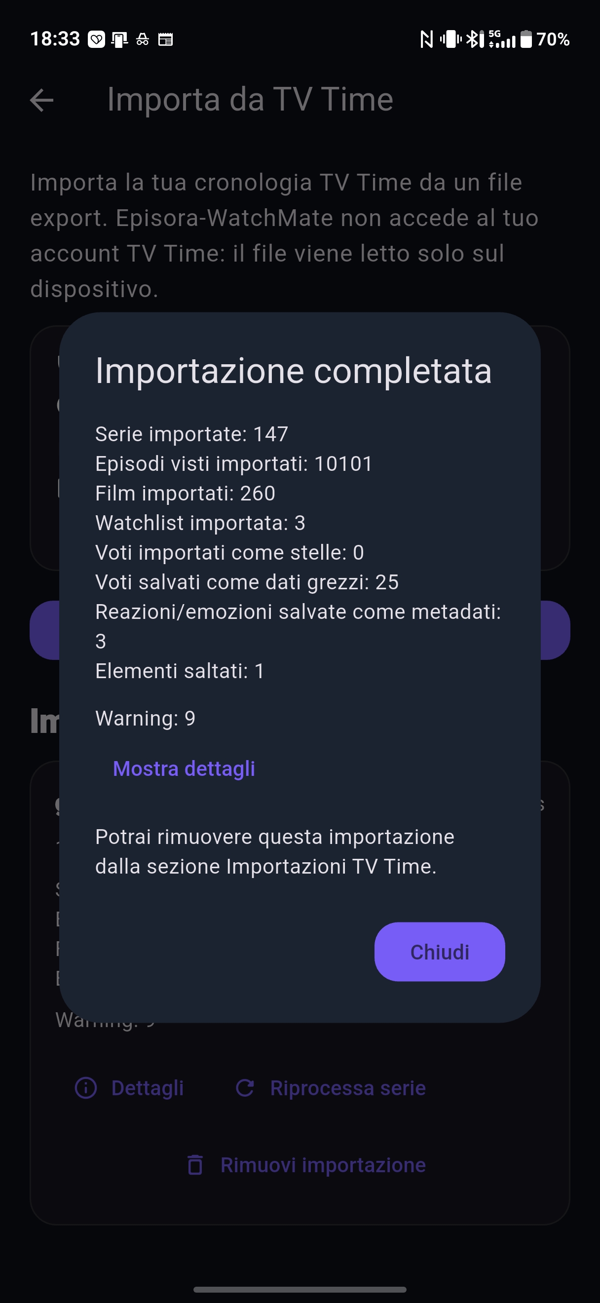 Schermata di riepilogo finale che mostra i dati importati correttamente in Episora-WatchMate